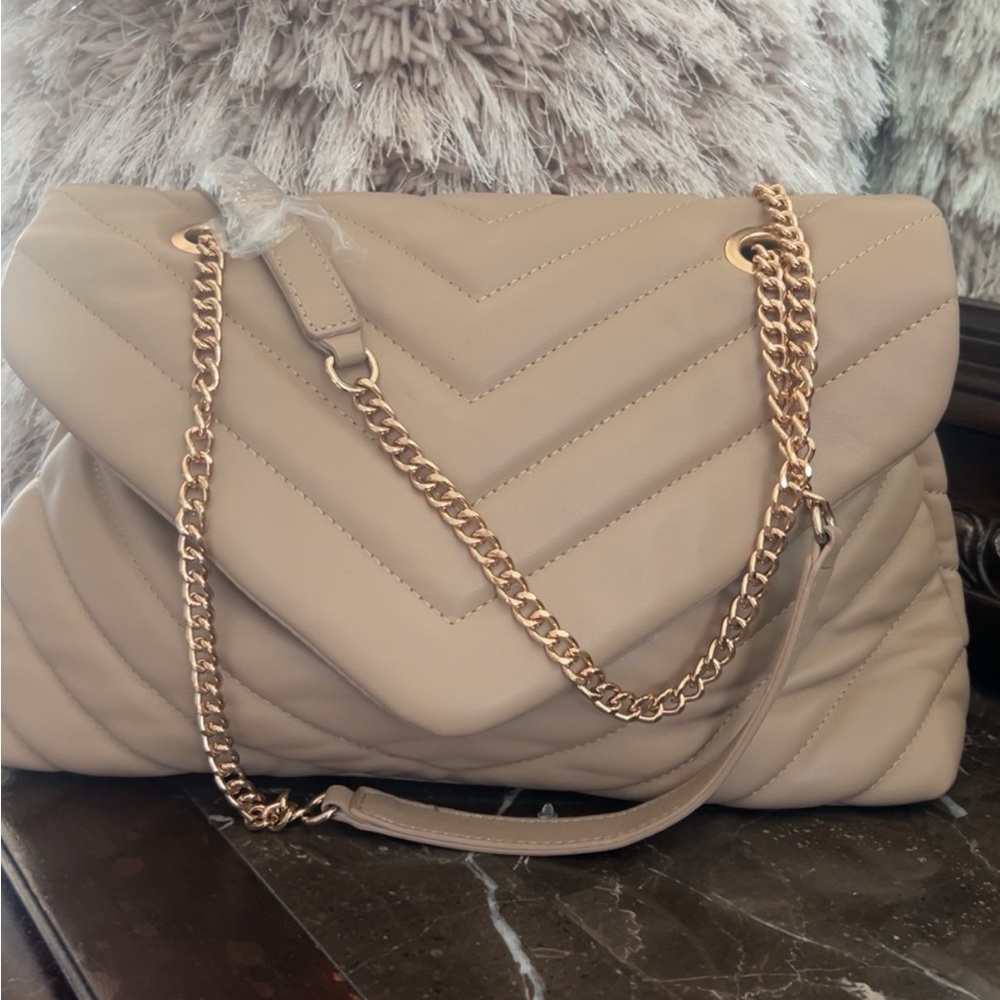 Quilted Chevron Chain Shoulder Bag - Taupe